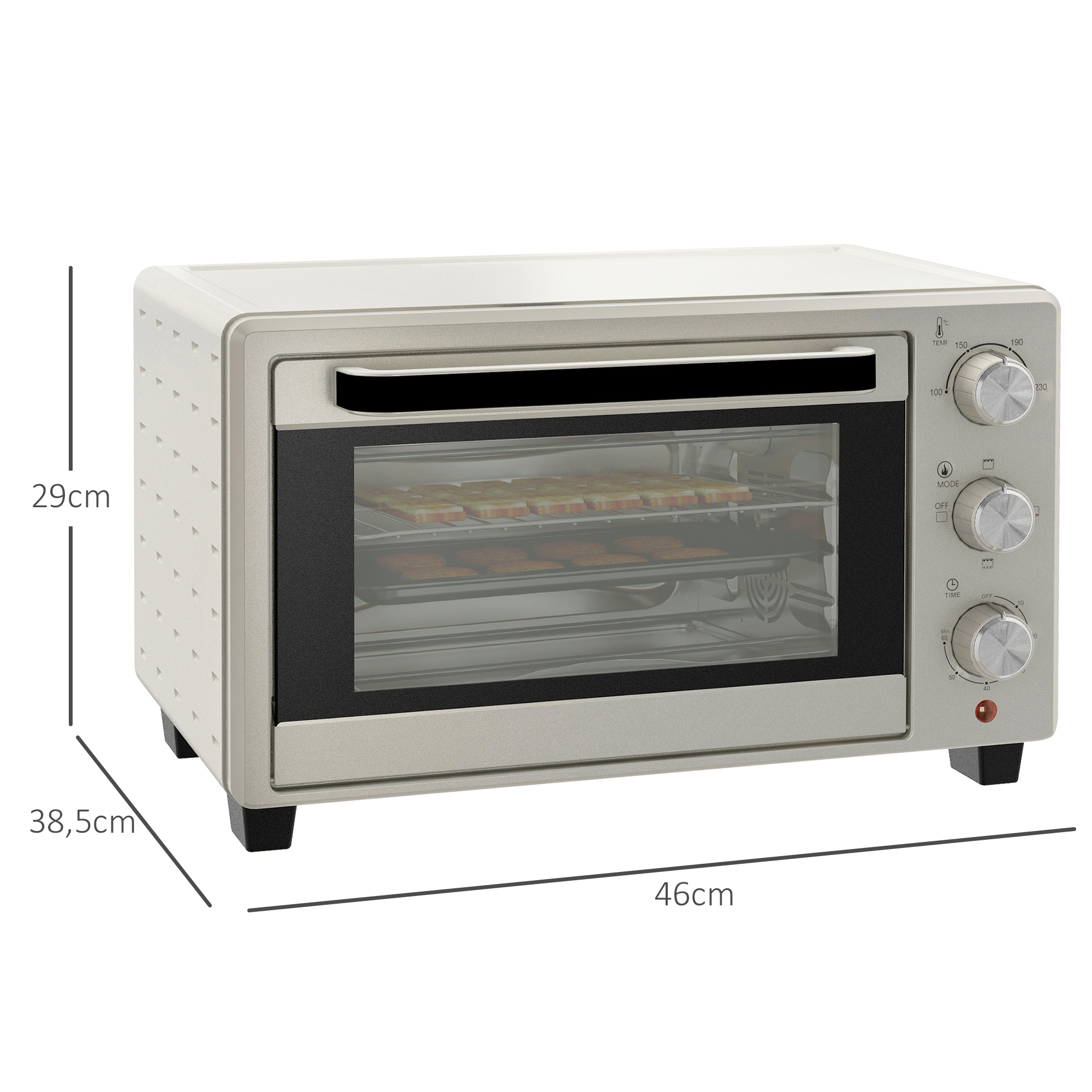 HOMCOM Minibackofen mit Drehspieß, Backofen kleine 21 L Toasterofen mit 1 Drahtgestell und 1 Backblech, 3 Kochmodi, 100 °C-230 °C, Edelstahl, Glas, Cremeweiß Ao – Bild 2 von 2