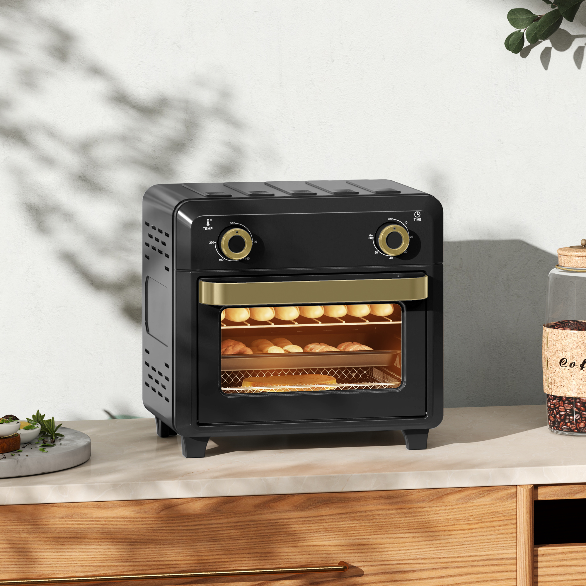 HOMCOM Minibackofen mit Umluft, 10L Heißluftfritteuse, Backofen Klein mit 60-Min-Timer und Innenbeleuchtung, 80-230℃, 3 Einschubebenen, Zubehör Spülmaschinenfes – Bild 2 von 2