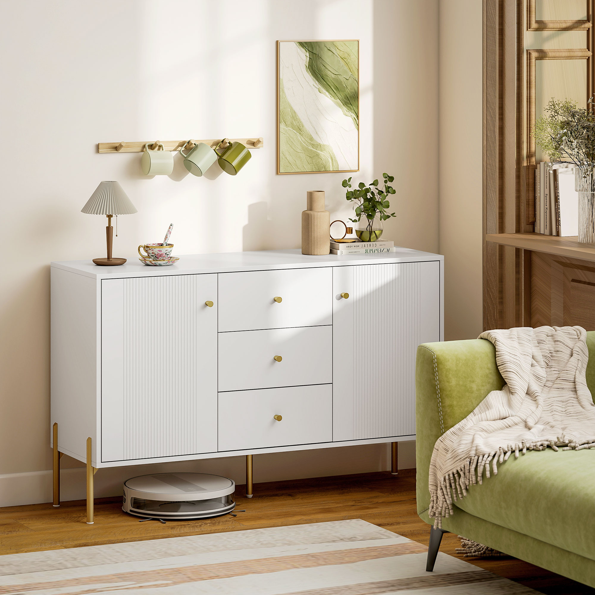 HOMCOM Modernes Küchen-Sideboard, Küchenmöbel mit 3 geräuschlosen Schubladen, 2 verstellbaren Einlegeböden, 5 Stahlbeinen, Sideboard für Esszimmer/Wohnzimmer, 1 – Bild 2 von 2