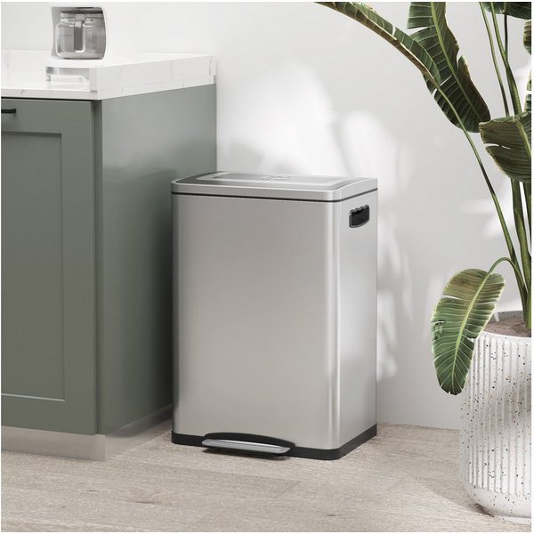 HOMCOM Mülleimer 40L Treteimer Abfalleimer mit 2 Inneneimern, Soft-Close, für Wohnzimmer, Büro, Edelstahl, Silber, 40 x 34,8 x 59 cm
