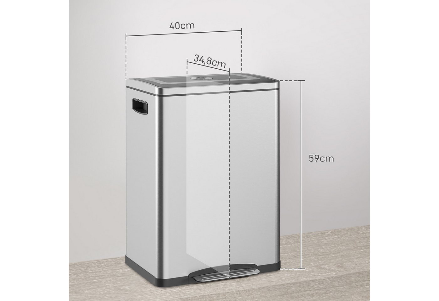 HOMCOM Mülleimer 40L Treteimer Abfalleimer mit 2 Inneneimern, Soft-Close, für Wohnzimmer, Büro, Edelstahl, Silber, 40 x 34,8 x 59 cm – Bild 3 von 5