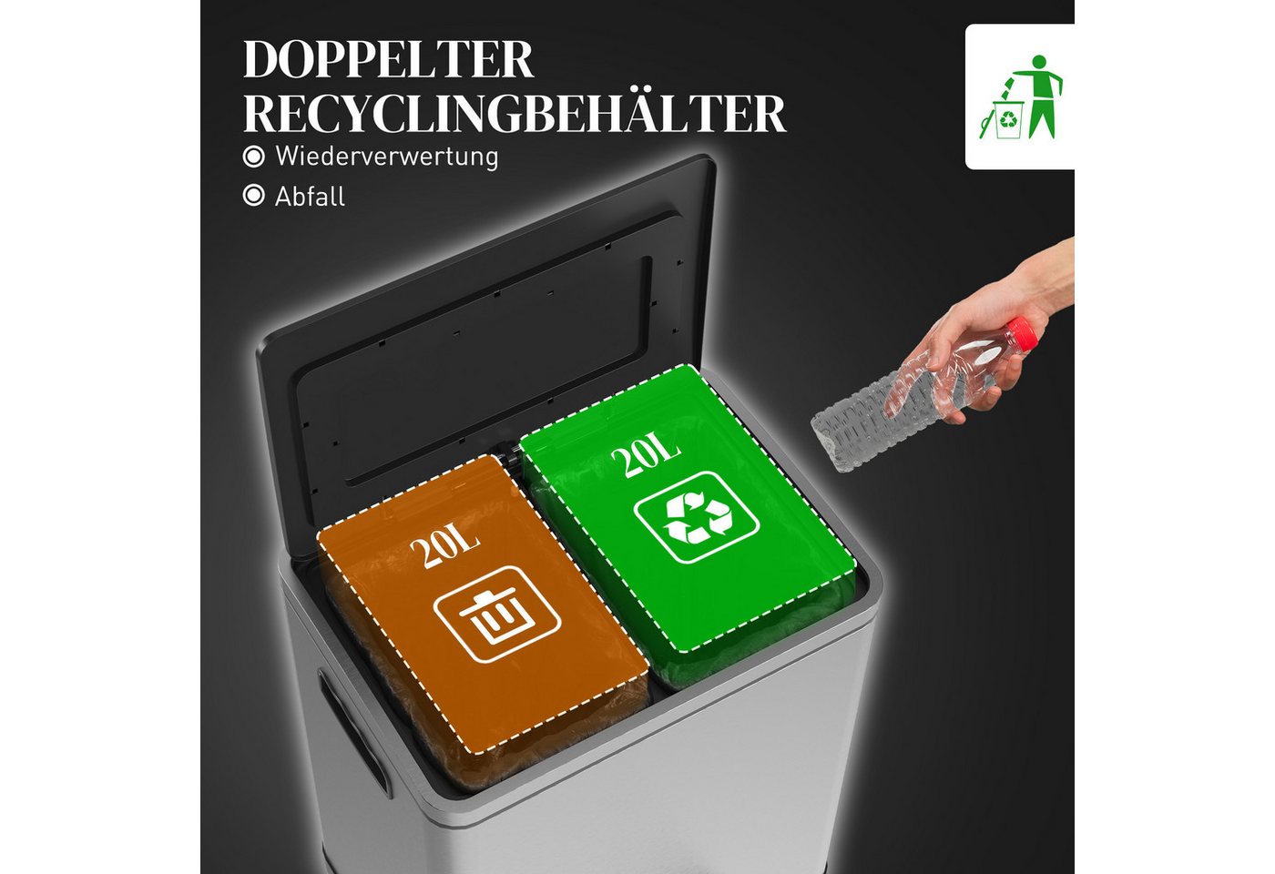 HOMCOM Mülleimer 40L Treteimer Abfalleimer mit 2 Inneneimern, Soft-Close, für Wohnzimmer, Büro, Edelstahl, Silber, 40 x 34,8 x 59 cm – Bild 4 von 5