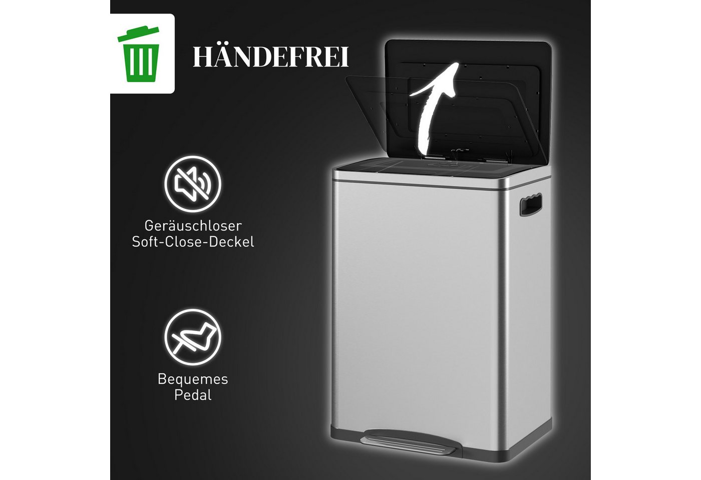 HOMCOM Mülleimer 40L Treteimer Abfalleimer mit 2 Inneneimern, Soft-Close, für Wohnzimmer, Büro, Edelstahl, Silber, 40 x 34,8 x 59 cm – Bild 5 von 5