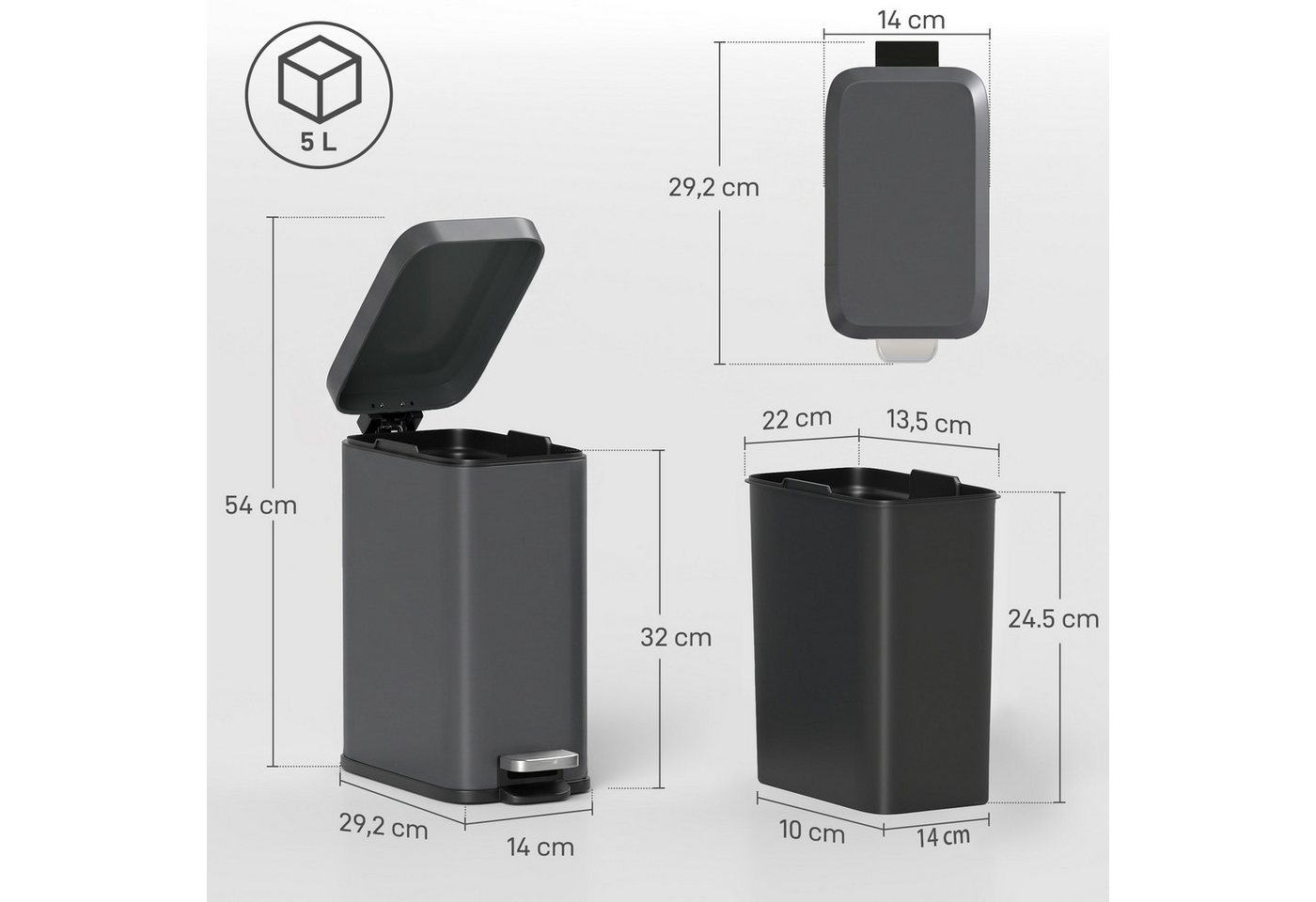 HOMCOM Mülleimer 5L Treteimer mit Softclose-Deckel, Abfalleimer inkl. Inneneimer, Grau 29,2 x 14 x 32 cm – Bild 3 von 5