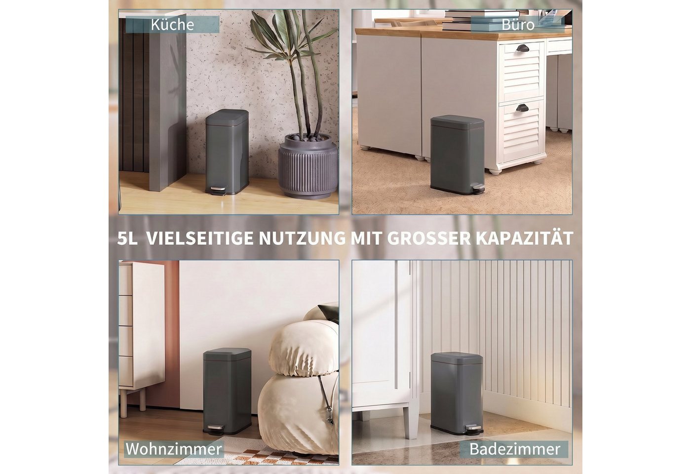 HOMCOM Mülleimer 5L Treteimer mit Softclose-Deckel, Abfalleimer inkl. Inneneimer, Grau 29,2 x 14 x 32 cm – Bild 5 von 5