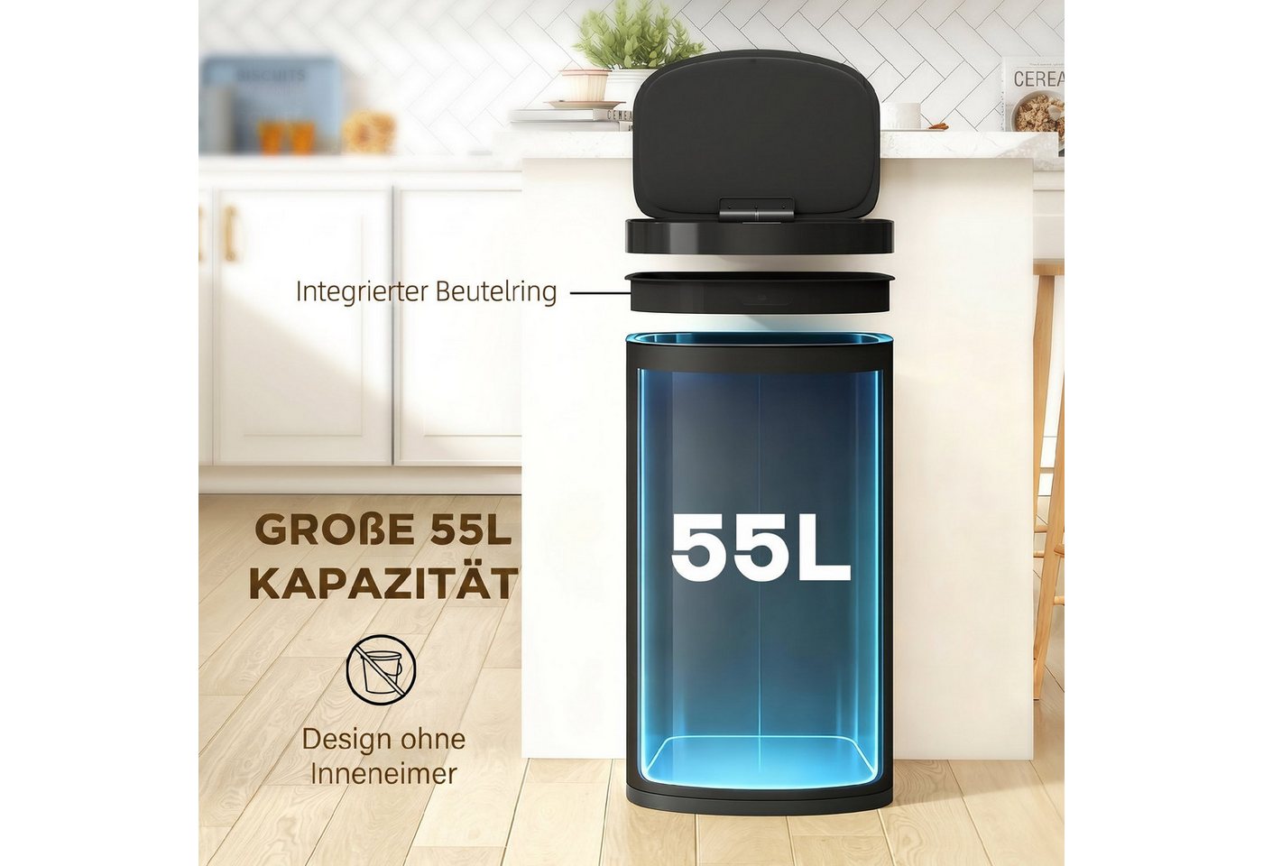HOMCOM Mülleimer Küchenmülleimer Abfalleimer aus Edelstahl, Infrarotsensor, Soft-Close, 55 L – Bild 5 von 5