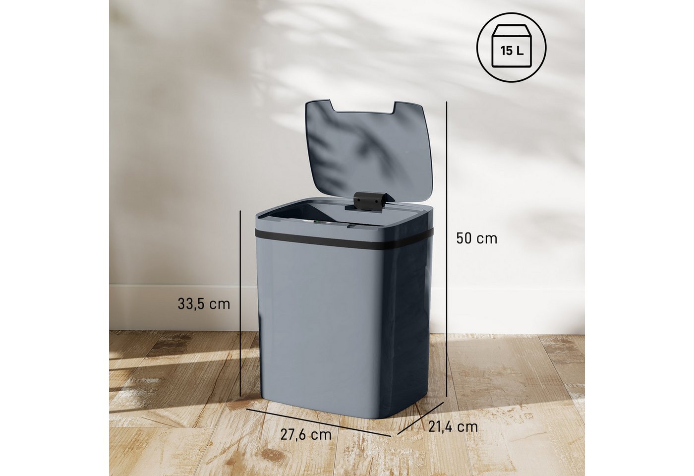 HOMCOM Mülleimer Sensor 15L mit zwei Öffnungsmodi Abfalleimer Kunststoff, für Küche, Büro, Grau – Bild 3 von 5