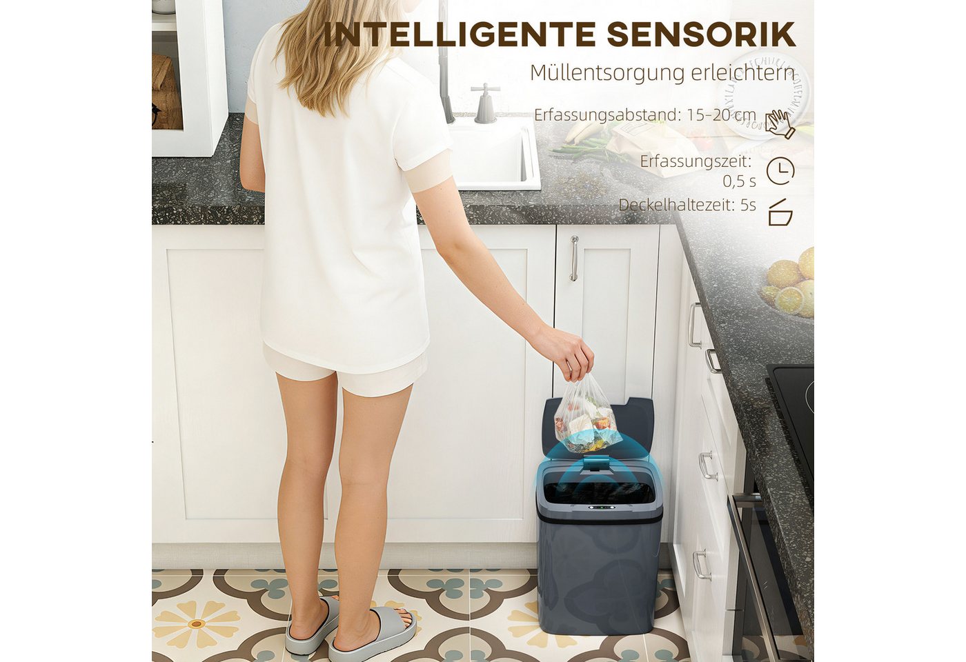HOMCOM Mülleimer Sensor 15L mit zwei Öffnungsmodi Abfalleimer Kunststoff, für Küche, Büro, Grau – Bild 4 von 5