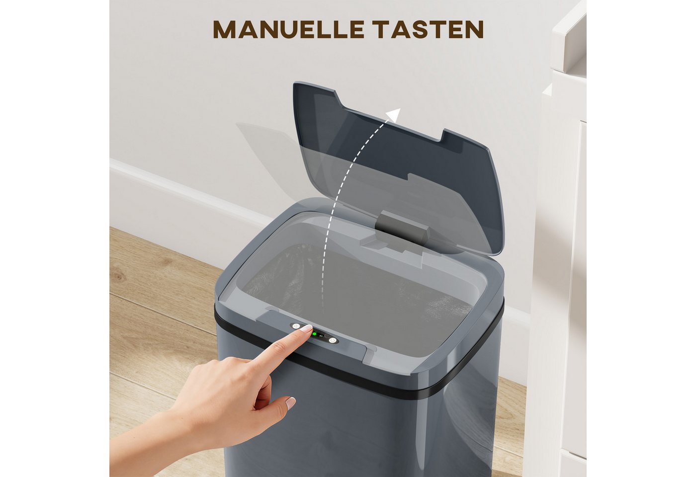 HOMCOM Mülleimer Sensor 15L mit zwei Öffnungsmodi Abfalleimer Kunststoff, für Küche, Büro, Grau – Bild 5 von 5