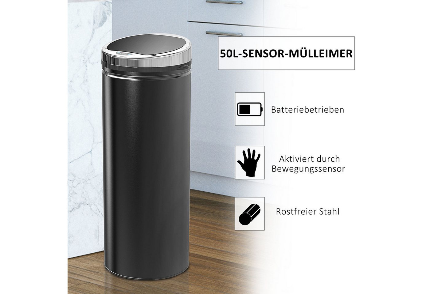 HOMCOM Mülleimer Sensor 50L mit Bewegungssensor Abfalleimer Schlafzimmer, für Bad, Büro, Küche, Esszimmer, Stahl, Schwarz – Bild 4 von 5
