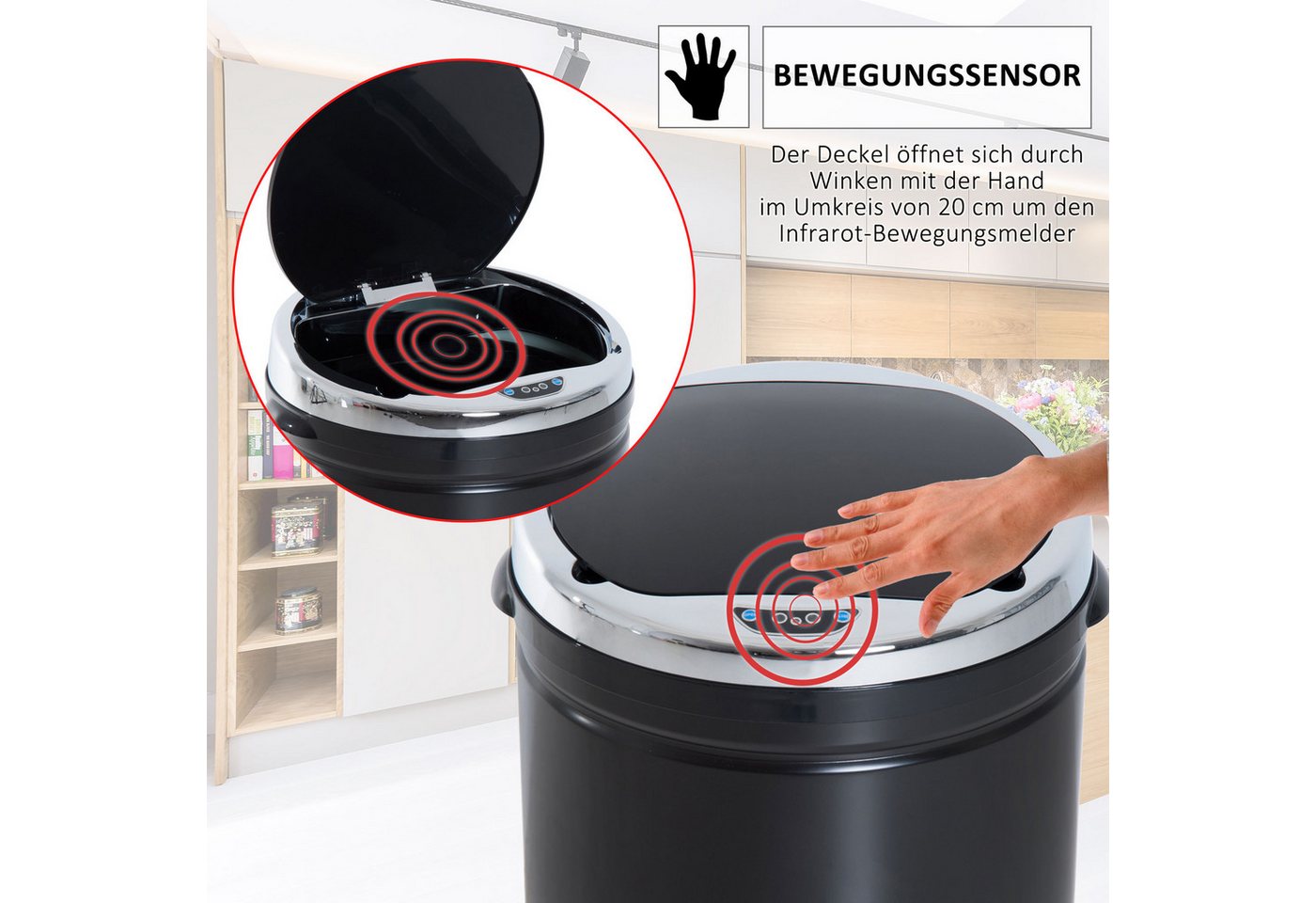 HOMCOM Mülleimer Sensor 50L mit Bewegungssensor Abfalleimer Schlafzimmer, für Bad, Büro, Küche, Esszimmer, Stahl, Schwarz – Bild 5 von 5
