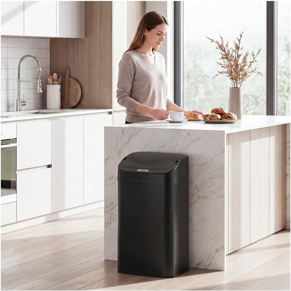 HOMCOM Mülleimer Sensor Edelstahl Fingerabdruckresistente für Büro, Automatische Schließ-Funktion, Schwarz