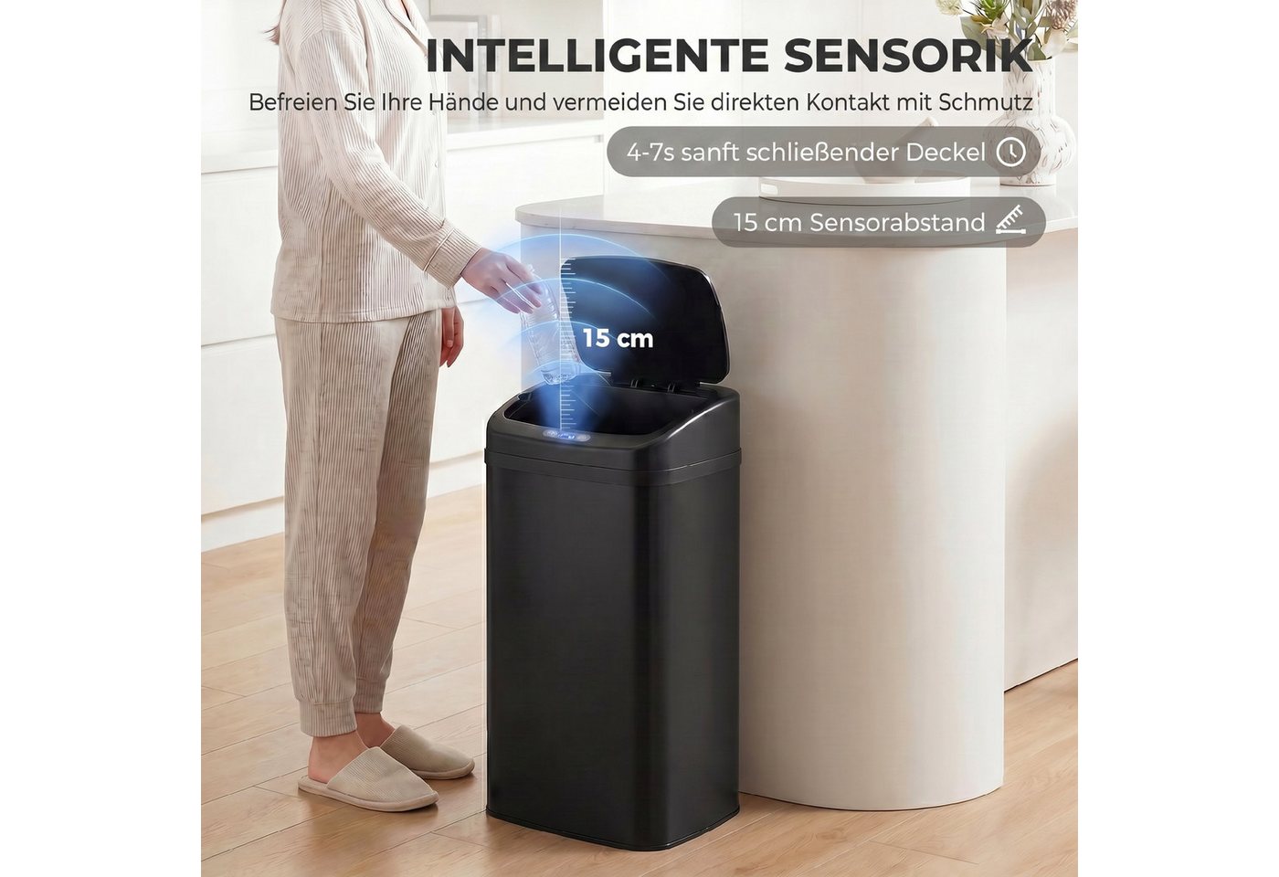 HOMCOM Mülleimer Sensor Edelstahl Fingerabdruckresistente für Büro, Automatische Schließ-Funktion, Schwarz – Bild 4 von 5