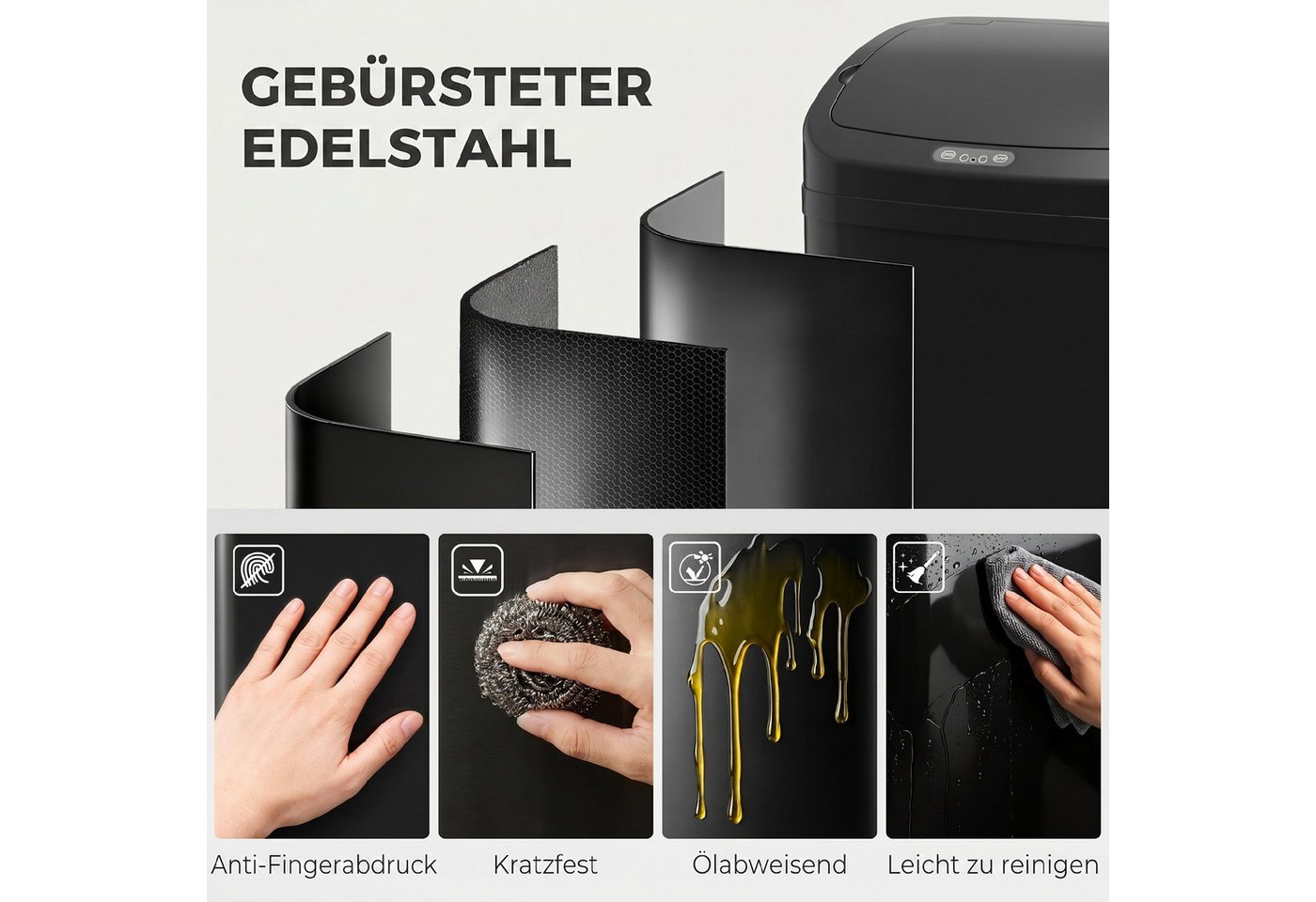 HOMCOM Mülleimer Sensor Edelstahl Fingerabdruckresistente für Büro, Automatische Schließ-Funktion, Schwarz – Bild 5 von 5