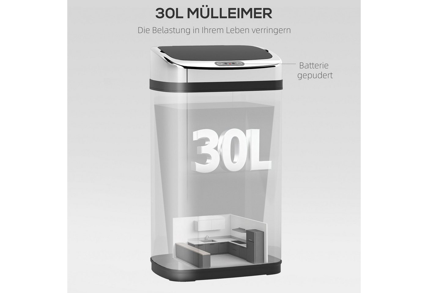 HOMCOM Mülleimer Sensor Mülleimer 30L Edelstahl, Automatischer Mülleimer, Schwarz+Silber 33 x 25 x 58 cm – Bild 4 von 5
