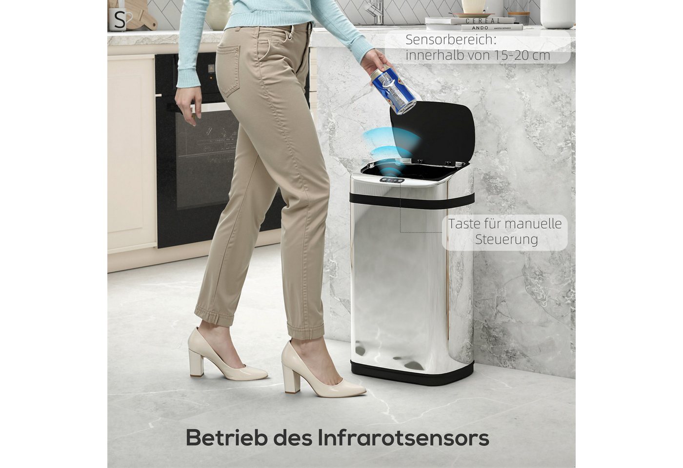 HOMCOM Mülleimer Sensor Mülleimer 30L Edelstahl, Automatischer Mülleimer, Schwarz+Silber 33 x 25 x 58 cm – Bild 5 von 5