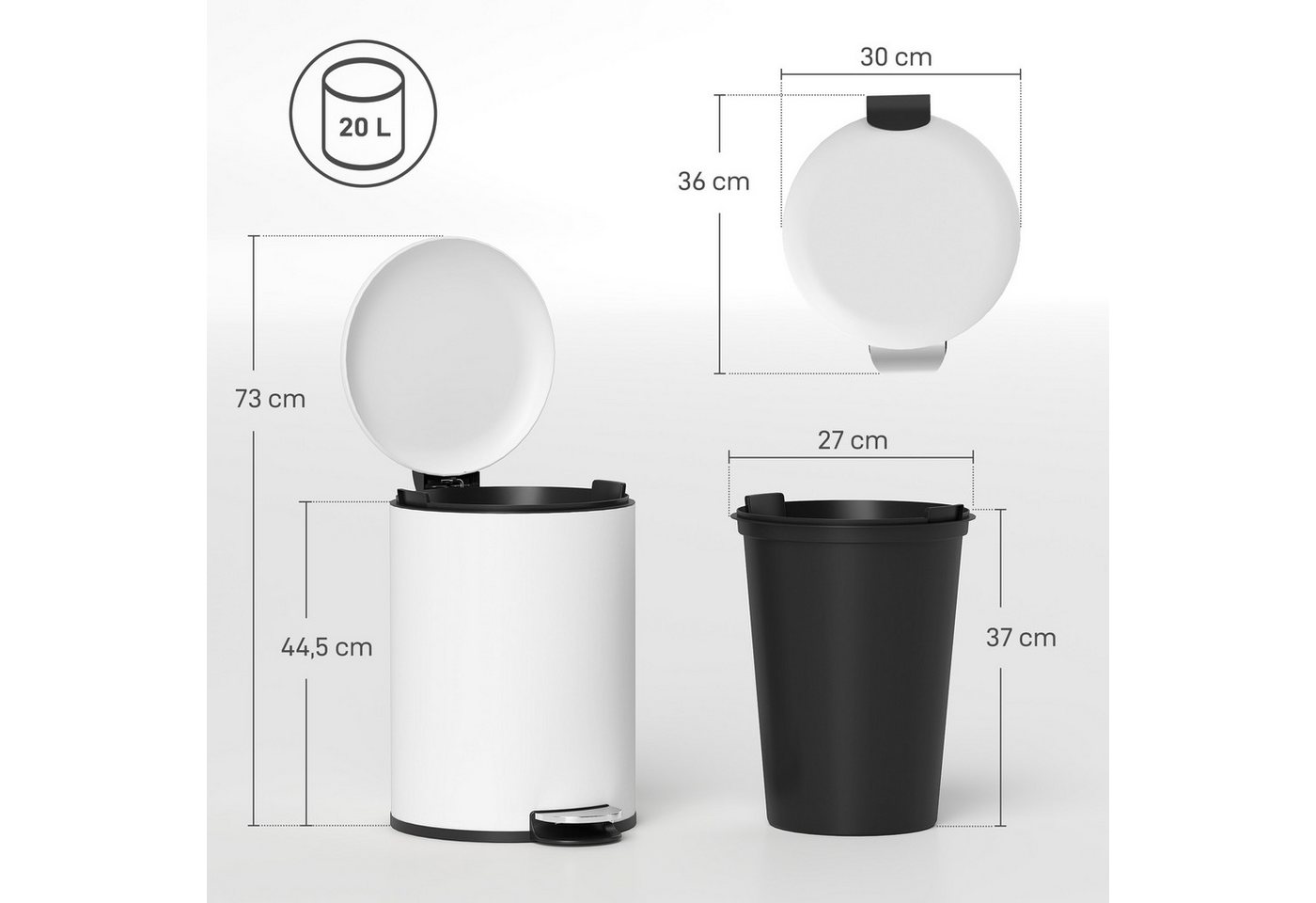 HOMCOM Mülleimer Treteimer Abfalleimer mit Inneneimer und Soft-Close-Funktion, für Wohnzimmer, Büro, Cremeweiß, 36 x 30 x 44,5 cm – Bild 3 von 5