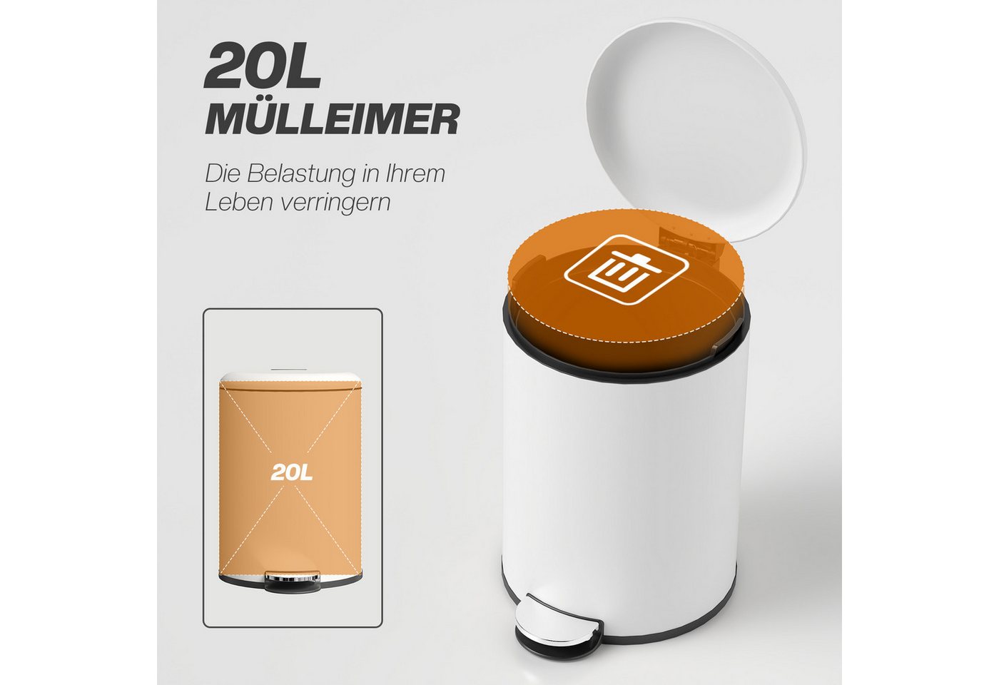 HOMCOM Mülleimer Treteimer Abfalleimer mit Inneneimer und Soft-Close-Funktion, für Wohnzimmer, Büro, Cremeweiß, 36 x 30 x 44,5 cm – Bild 4 von 5