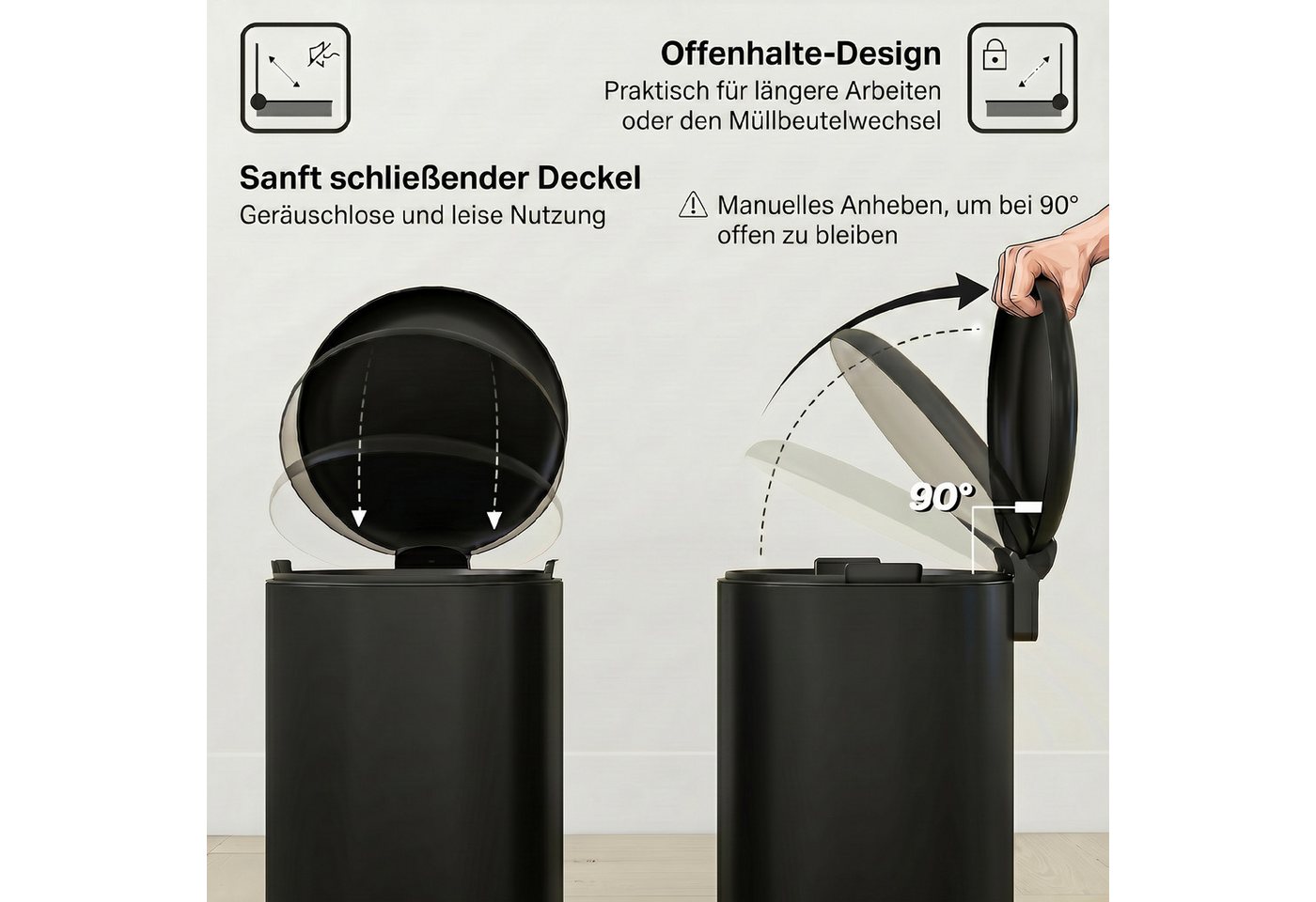 HOMCOM Mülleimer Treteimer Abfalleimer mit Inneneimer und Soft-Close-Funktion, für Wohnzimmer, Büro, Schwarz, 36 x 30 x 44,5 cm – Bild 5 von 5