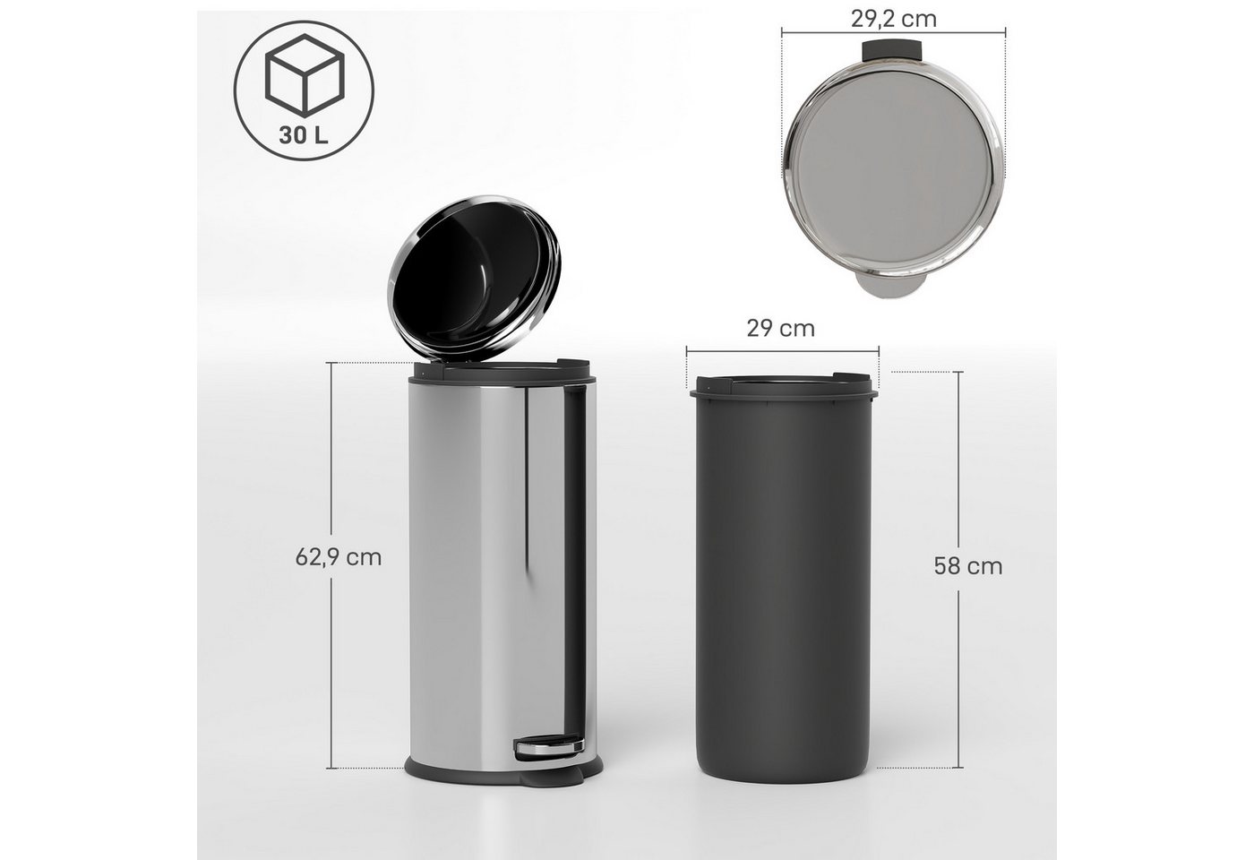 HOMCOM Mülleimer Treteimer mit Inneneimer Abfalleimer Pedal-Mülleimer Klappdeckel, Silber Ø29,2 x 62,9 cm – Bild 3 von 5