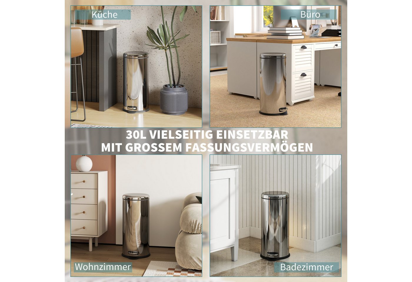 HOMCOM Mülleimer Treteimer mit Inneneimer Abfalleimer Pedal-Mülleimer Klappdeckel, Silber Ø29,2 x 62,9 cm – Bild 5 von 5