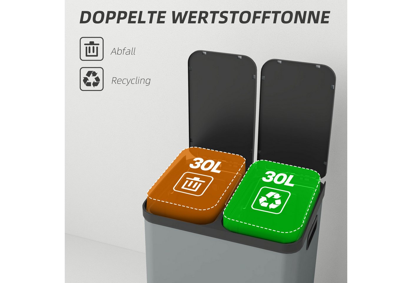 HOMCOM Mülltrennsystem Mülltrennsystem 2 x 30L, Treteimer mit Softclose-Deckel, 2x30L, Softclose-Deckel, herausnehmbar, fingerabdruckresistent – Bild 4 von 5