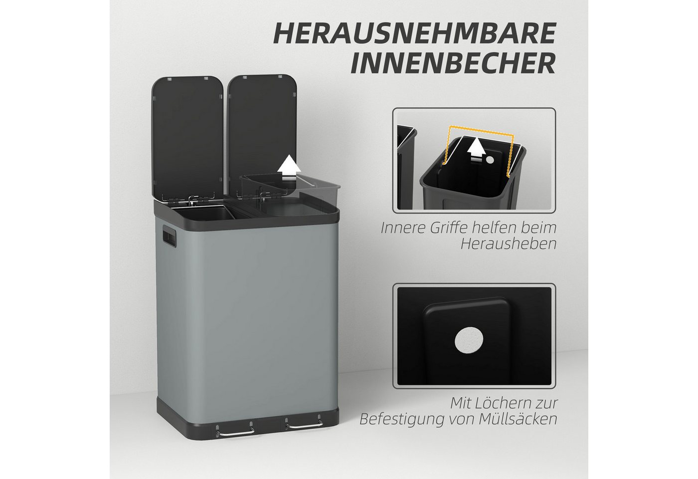 HOMCOM Mülltrennsystem Mülltrennsystem 2 x 30L, Treteimer mit Softclose-Deckel, 2x30L, Softclose-Deckel, herausnehmbar, fingerabdruckresistent – Bild 5 von 5