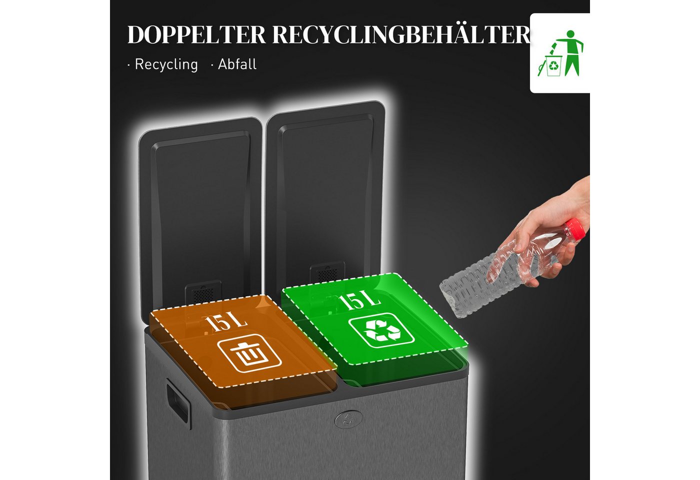 HOMCOM Mülltrennsystem Mülleimer 15L Abfalleimer aus Edelstahl mit Softclose Deckel, Deodorant-Deckel, Edelstahl, Schwarz – Bild 4 von 5