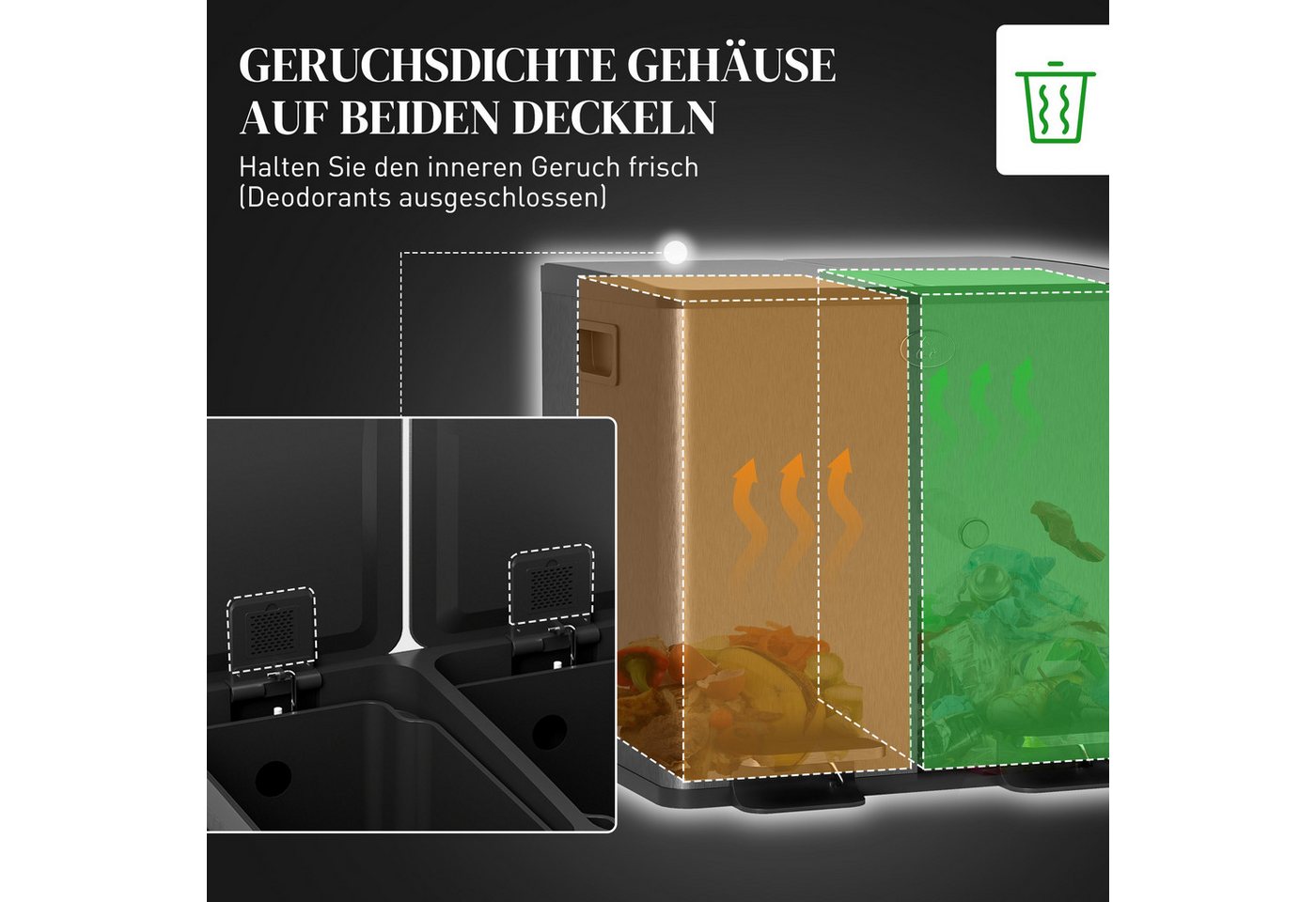 HOMCOM Mülltrennsystem Mülleimer 15L Abfalleimer aus Edelstahl mit Softclose Deckel, Deodorant-Deckel, Edelstahl, Schwarz – Bild 5 von 5