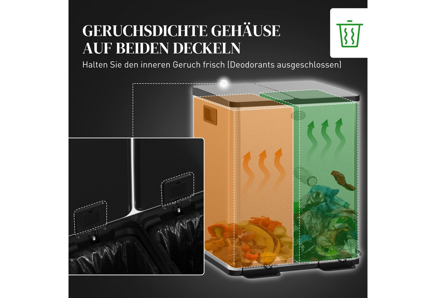 HOMCOM Mülltrennsystem Mülleimer 20L Abfalleimer aus Edelstahl mit Softclose Deckel, für Wohnung, Silber – Bild 5 von 5