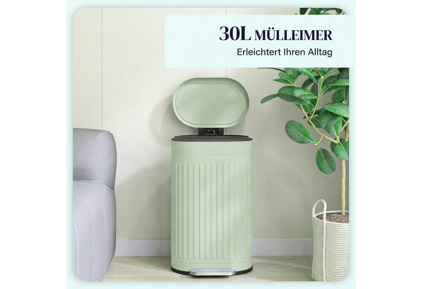HOMCOM Mülltrennsystem Mülleimer 30L Treteimer mit Deckel und Fußpedal, für Wohnzimmer, Büro, Grün, 36,5 x 31,2 x 60,8 cm – Bild 4 von 5