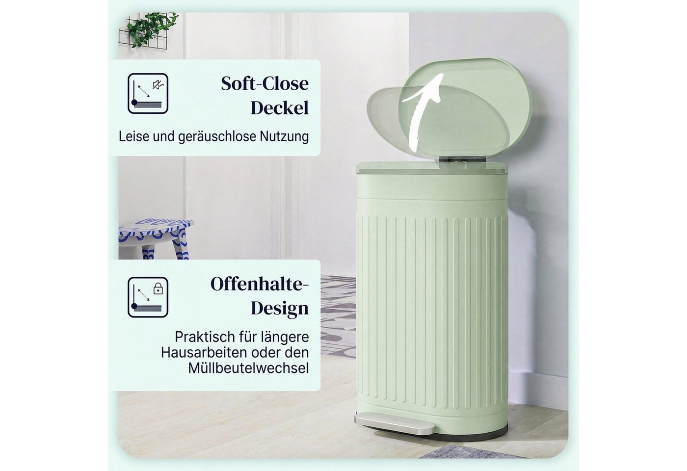 HOMCOM Mülltrennsystem Mülleimer 30L Treteimer mit Deckel und Fußpedal, für Wohnzimmer, Büro, Grün, 36,5 x 31,2 x 60,8 cm – Bild 5 von 5
