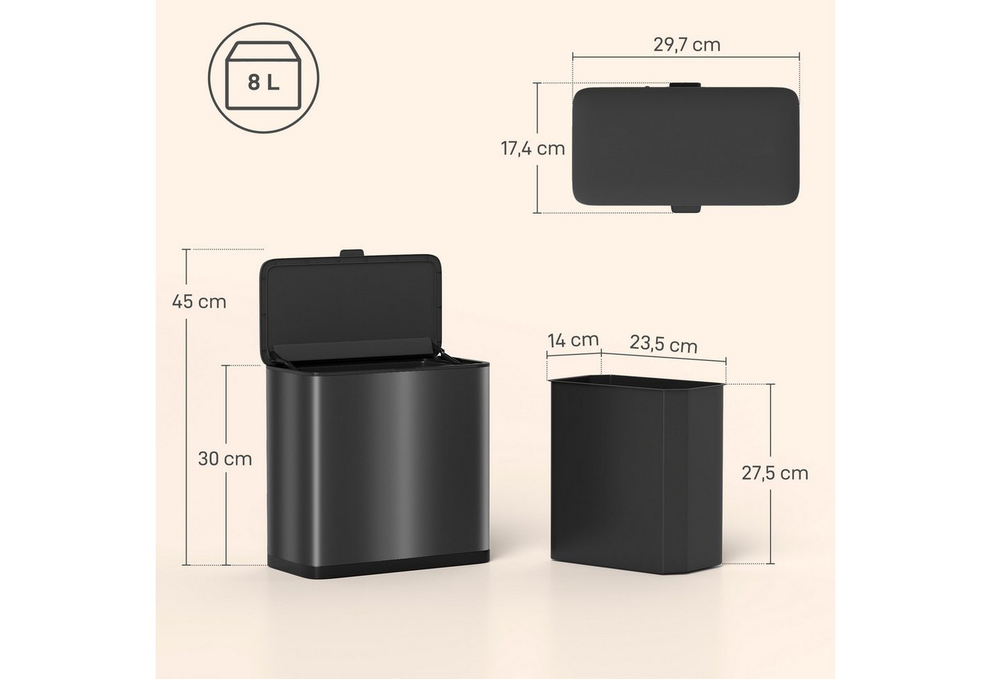 HOMCOM Mülltrennsystem Mülleimer hängend mit abnehmbarem Inneneimer, Abfallsammler, Edelstahl, Schwarz, 29,7 x 17,4 x 30 cm – Bild 2 von 5