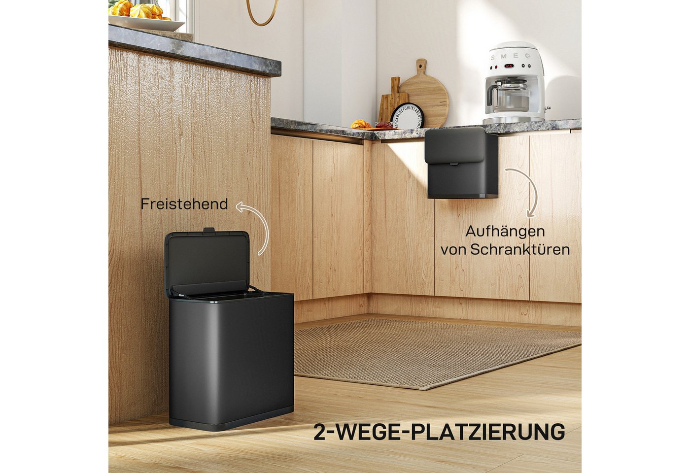 HOMCOM Mülltrennsystem Mülleimer hängend mit abnehmbarem Inneneimer, Abfallsammler, Edelstahl, Schwarz, 29,7 x 17,4 x 30 cm – Bild 3 von 5
