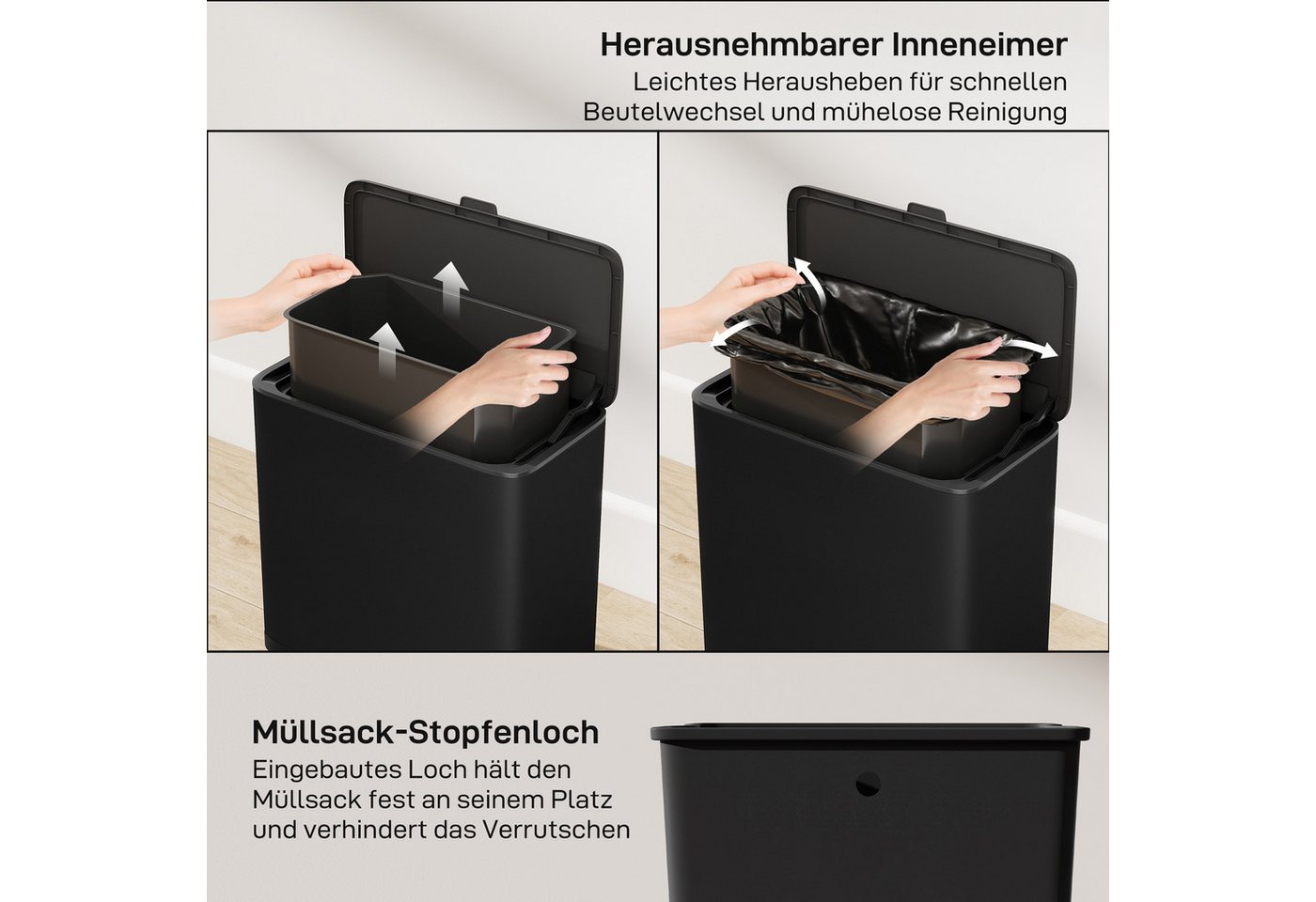 HOMCOM Mülltrennsystem Mülleimer hängend mit abnehmbarem Inneneimer, Abfallsammler, Edelstahl, Schwarz, 29,7 x 17,4 x 30 cm – Bild 4 von 5