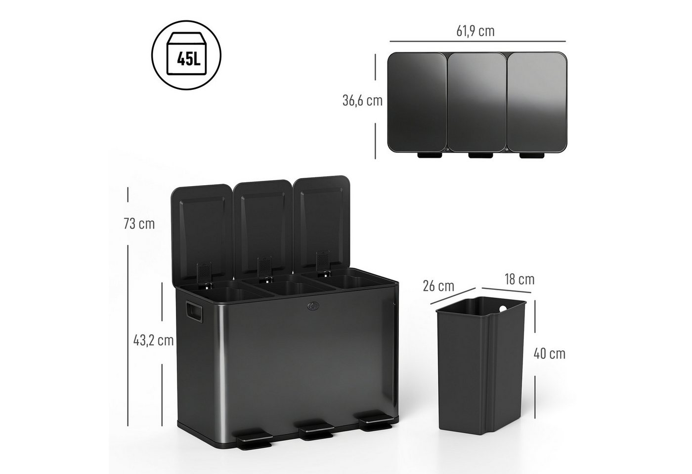 HOMCOM Mülltrennsystem Mülleimer Treteimer 3 Fächer inkl. Inneneimer, 61,9x36,6x43,2cm, Deodorant-Deckel, Edelstahl, Schwarz – Bild 3 von 5