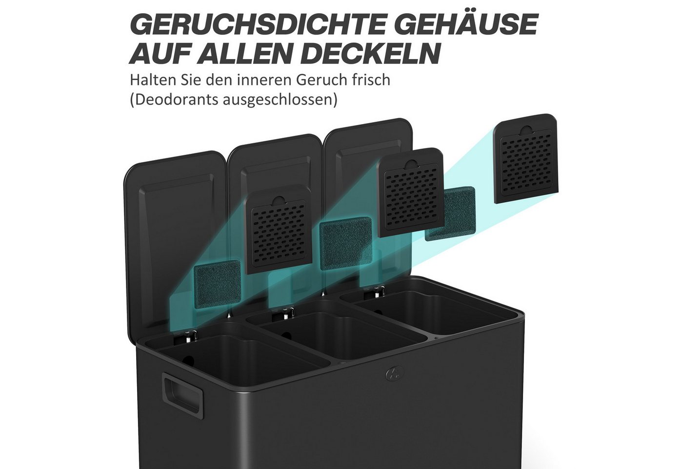 HOMCOM Mülltrennsystem Mülleimer Treteimer 3 Fächer inkl. Inneneimer, 61,9x36,6x43,2cm, Deodorant-Deckel, Edelstahl, Schwarz – Bild 5 von 5