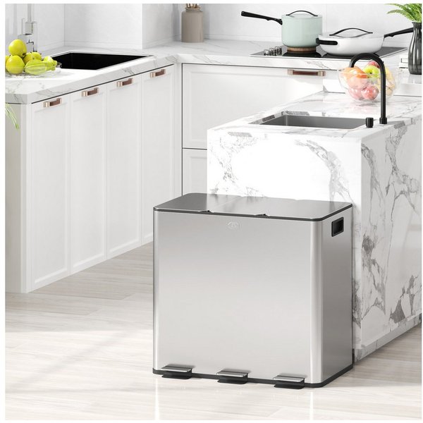 HOMCOM Mülltrennsystem Mülleimer Treteimer 3 Fächer inkl. Inneneimer, 61,9x36,6x43,2cm, Deodorant-Deckel, Edelstahl, Silber