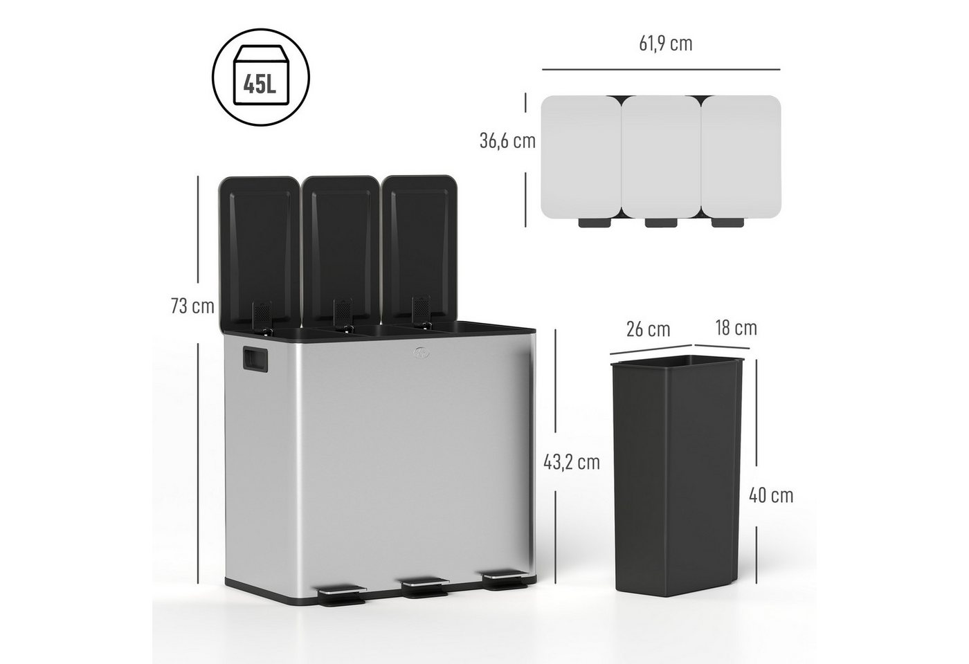 HOMCOM Mülltrennsystem Mülleimer Treteimer 3 Fächer inkl. Inneneimer, 61,9x36,6x43,2cm, Deodorant-Deckel, Edelstahl, Silber – Bild 3 von 5