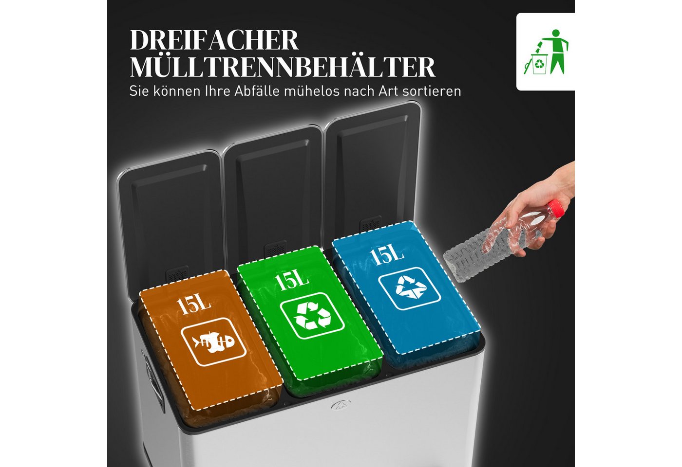 HOMCOM Mülltrennsystem Mülleimer Treteimer 3 Fächer inkl. Inneneimer, 61,9x36,6x43,2cm, Deodorant-Deckel, Edelstahl, Silber – Bild 4 von 5
