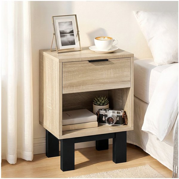 HOMCOM Nachttisch Nachttisch, Nachtschrank mit Schublade, offenes Fach, Eiche (Nachtschrank, 1-St., Nachtkommode), für Schlafzimmer, Wohnzimmer, Eiche, 35 x 26 