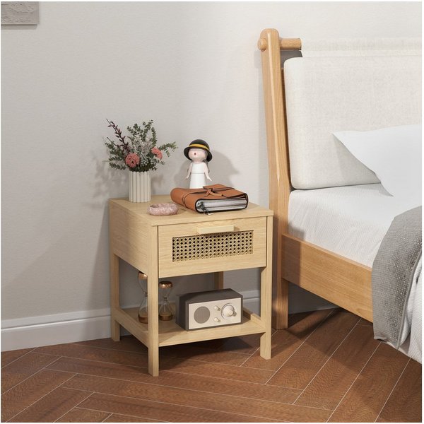 HOMCOM Nachttisch Beistelltisch, Nachtschrank mit Schublade, Ablage, Rattan-Design (natürlicher Nachtkommode mit Schublade, 1-St., Rattan-Design), MDF, Natur