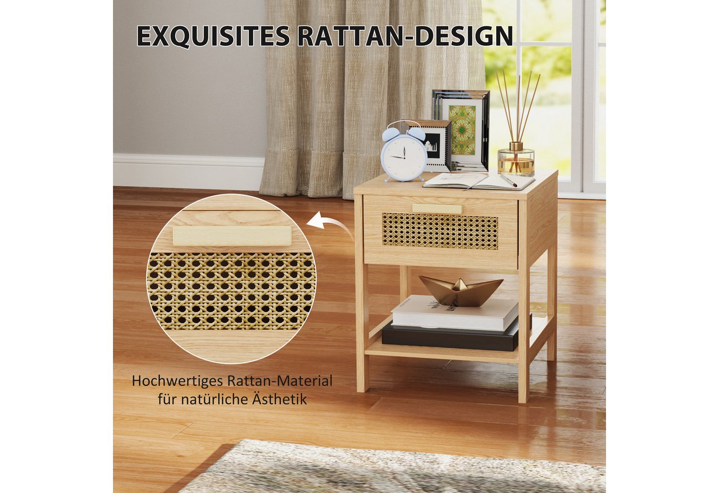 HOMCOM Nachttisch Beistelltisch, Nachtschrank mit Schublade, Ablage, Rattan-Design (natürlicher Nachtkommode mit Schublade, 1-St., Rattan-Design), MDF, Natur – Bild 4 von 5
