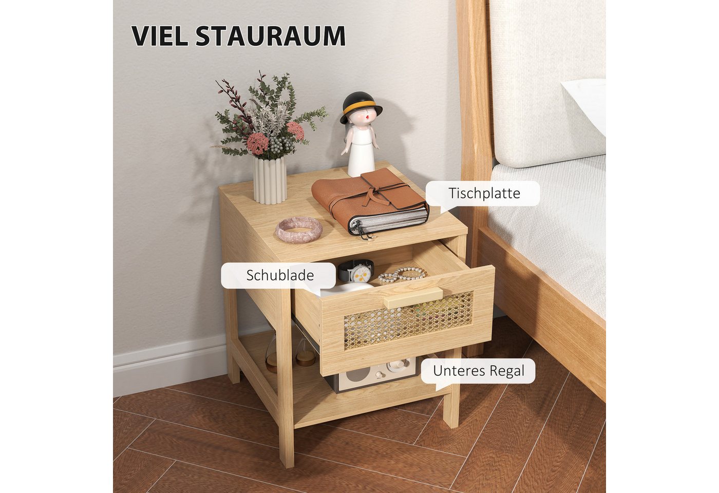 HOMCOM Nachttisch Beistelltisch, Nachtschrank mit Schublade, Ablage, Rattan-Design (natürlicher Nachtkommode mit Schublade, 1-St., Rattan-Design), MDF, Natur – Bild 5 von 5