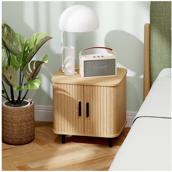 HOMCOM Nachttisch Beistelltisch Moderner Nachtschrank mit Lamellen-Schiebetür (Sofatisch, 1-St., 1 Tisch), für Schlafzimmer, Wohnzimmer, 48 x 40 x 48 cm, Eiche