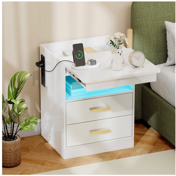 HOMCOM Nachttisch Beistelltisch Nachtschrank mit 2 Schubladen, 1 Offenem Fach (Nachtschrank, 1-St., 1 Tisch), mit Ladestation, RGB-LED, Hochglanzoberfläche
