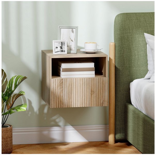 HOMCOM Nachttisch Hängend Beistelltisch mit Schublade, offenes Fach, Sofatisch (Nachtschrank, 1-St., Nachtkommode), für Schlafzimmer, Wohnzimmer, Naturholz