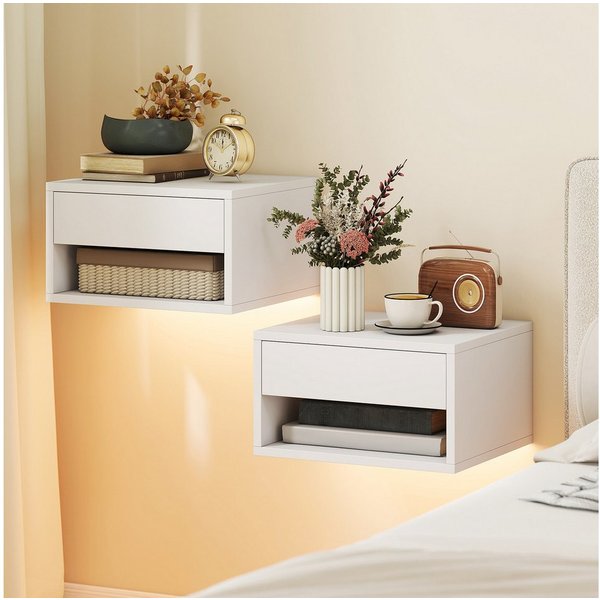 HOMCOM Nachttisch Nachtschrank mit RGB-LED-Beleuchtung, Schublade und offenem Fach (Modernes Schwebendes Wandregal, 2-St., mit App-Steuerung), für Schlafzimmer,