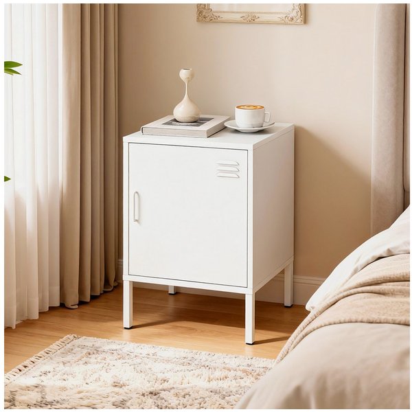 HOMCOM Nachttisch Stahl, verstellbarer Ablage, magnetischem Türverschluss, Stahlrahmen (Beistelltisch, 1-St., Nachtschrank), für Schlafzimmer, Wohnzimmer, Weiß,
