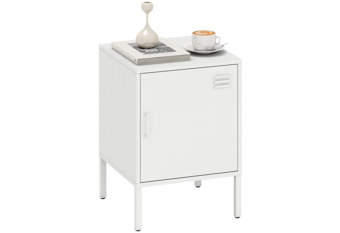 HOMCOM Nachttisch Stahl, verstellbarer Ablage, magnetischem Türverschluss, Stahlrahmen (Beistelltisch, 1-St., Nachtschrank), für Schlafzimmer, Wohnzimmer, Weiß, – Bild 2 von 5